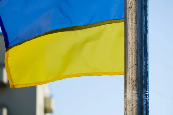 ウクライナの国旗が市内を飛ぶ ロイヤリティフリーのストック画像