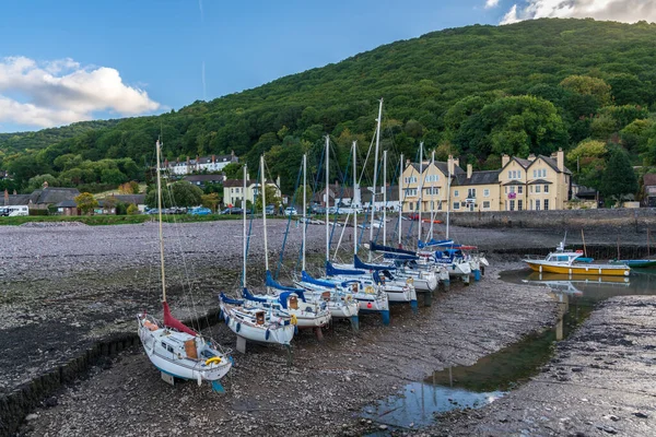 Porlock Weir Somerset October 2018 Boats Harbour Low Tide — 图库照片