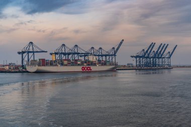 Felixstowe, Suffolk, İngiltere - 23 Nisan 2019: Felixstowe Limanı 'nda bir konteyner gemisi ve liman vinci