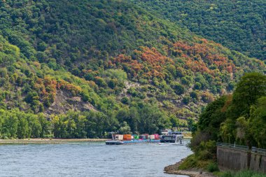Kaub, Rhineland-Palatinate, Almanya - 19 Ağustos 2020 Ren Nehri üzerindeki gemiler Orta Ren Vadisi 'ni geçiyor