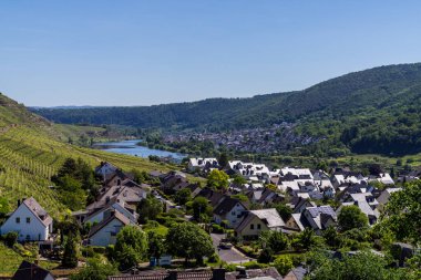 Winningen, Rhineland-Palatine, Almanya - 14 Haziran 2021: Winningen (sol kıyısı) ve Lay (sağ kıyısı) ile Moselle Nehri 'ne bakın)