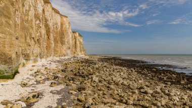 Brighton, Doğu Sussex, İngiltere, İngiltere yakınlarındaki Friars Körfezi 'ndeki tebeşir kayalıkları ve kıyı şeridi.