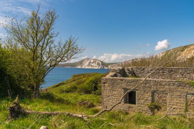 Kimmeridge, Jurassic Coast, Dorset, İngiltere yakınlarındaki terk edilmiş Tyneham Köyü yakınlarında harabe.
