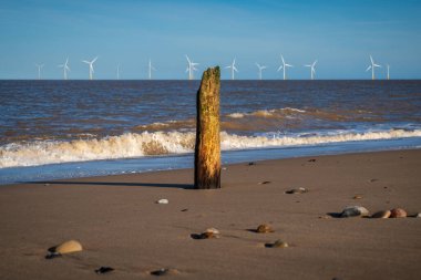 Kuzey kıyısı Caister-on-Sea, Norfolk, İngiltere - Sahilde bir dalga kırıcı ve arka planda rüzgar türbinleri ile