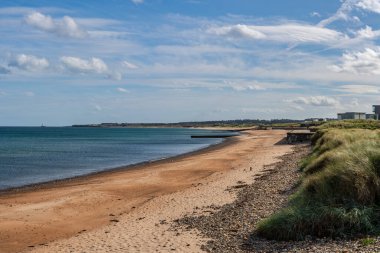Kuzey Denizi kıyısı Güney Sahili Blyth, Northumberland, İngiltere - arka planda St Mary Deniz Feneri