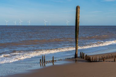 Kuzey kıyısı Caister-on-Sea, Norfolk, İngiltere - Sahilde bir dalga kırıcı kalıntıları ve arka planda rüzgar türbinleri ile
