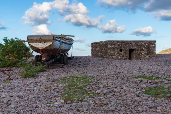 Pantai Kerikil Porlock Weir Somerset Inggris Inggris Dengan Perahu Dan — Stok Foto