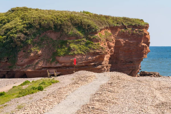 Budleigh Salterton 'daki plaj Otterton Ledge, Jurassic Coast, Devon, İngiltere' ye bakıyor.