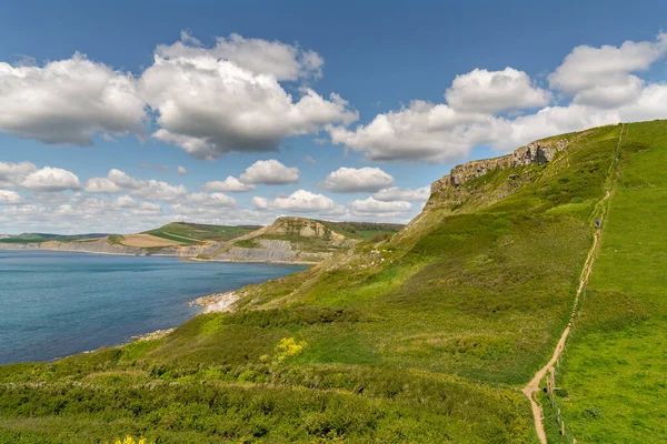 Jurassic Sahili manzaralı Güney Batı Sahil Yolu ve Emmett Tepesi 'ne tırmanma, Worth Matravers, Jurassic Coast, Dorset, İngiltere