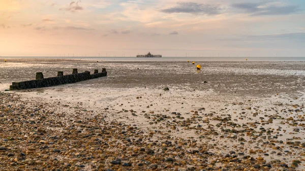 Χαμηλή Παλίρροια Βράδυ Φως Στο Herne Bay Kent Αγγλία Ηνωμένο — Φωτογραφία Αρχείου