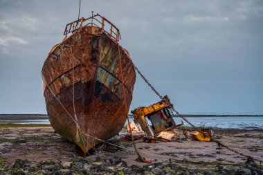 Walney Kanalı 'nın çamurunda paslı bir gemi enkazı, Roa Adası, Cumbria, İngiltere, İngiltere' ye giden yoldan görülüyor.