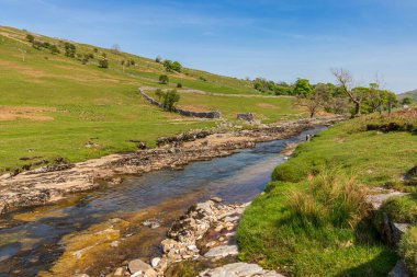 Yorkshire Dales manzarası ve Yockenthwaite yakınlarındaki Wharfe Nehri, Kuzey Yorkshire, İngiltere