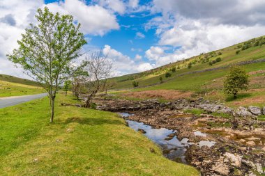 Yorkshire Dales, Yockenthwaite, Kuzey Yorkshire, İngiltere, İngiltere yakınlarındaki Wharfe nehri ile manzaraya sahiptir.