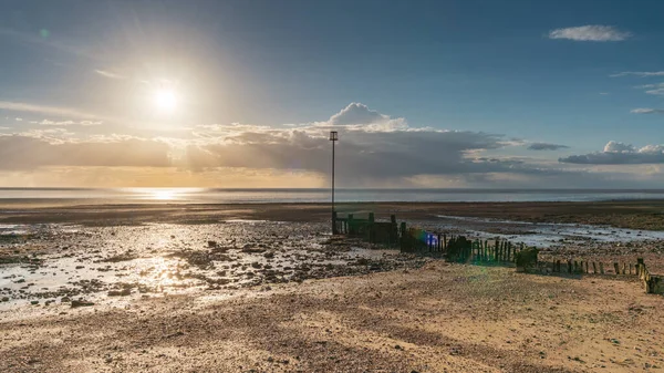 Groynes Und Die Untergehende Sonne North Beach Heacham Norfolk England — Stockfoto
