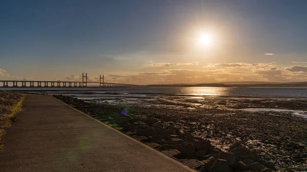 Ήλιος Δύει Στη Γέφυρα Prince Wales Και Τον Ποταμό Severn — Φωτογραφία Αρχείου