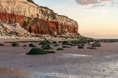 İngiltere, Norfolk 'taki Hunstanton Cliffs' de akşam ışığında Buharlı Tramvay Enkazı Sheraton.