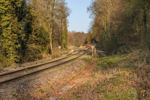 Kilátás Angertalbahn Kalkbahn Síneire Mueschenau Közelében Ratingenben Észak Rajna Vesztfáliában — Stock Fotó