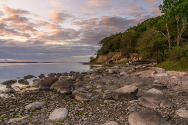 Akşam Jasmunder Bodden sahilinde Lietzow yakınlarındaki çakıl taşı plajında, Mecklenburg-Batı Pomerania, Almanya