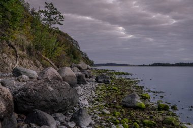 Akşam Jasmunder Bodden sahilinde Lietzow yakınlarındaki çakıl taşı plajında, Mecklenburg-Batı Pomerania, Almanya