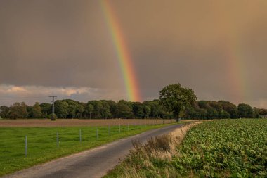 Retelitz yakınlarında yağmur bulutları ve gökkuşağı, Mecklenburg-Batı Pomerania, Almanya