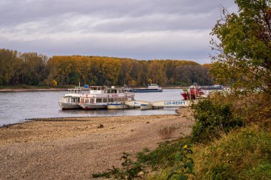 Niederkassel, Kuzey Ren-Vestfalya, Almanya - 31 Ekim 2021: Mondorf Ren Nehri üzerindeki gemiler