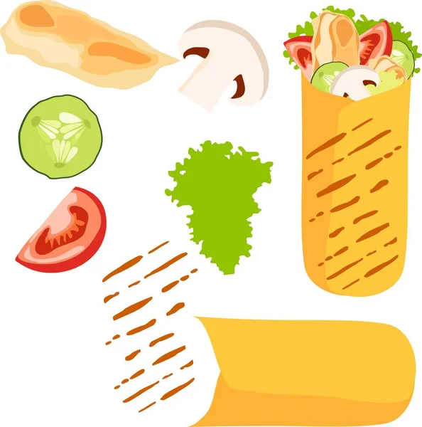 Hermosa Línea Alimentos Contornos Shawarma Hamburguesas — Archivo Imágenes Vectoriales