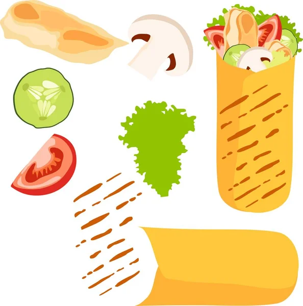 Gyönyörű Ételvonal Kontúrok Shawarma Hamburger — Stock Vector