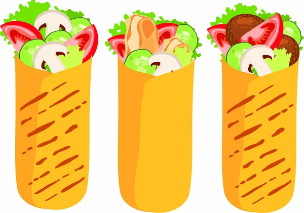 Hermosa Línea Alimentos Contornos Shawarma Hamburguesas — Archivo Imágenes Vectoriales
