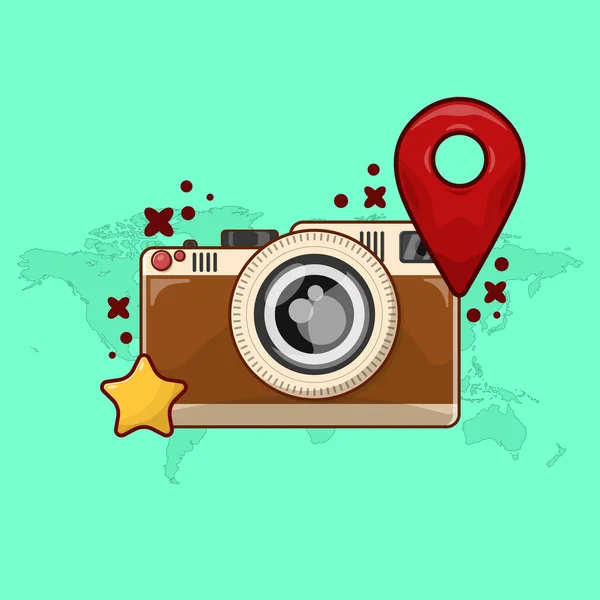 Camera Photo and Pin Map Mark Vector in Cartoon Style with Star Shape Illustration. Travel Element Design Concept