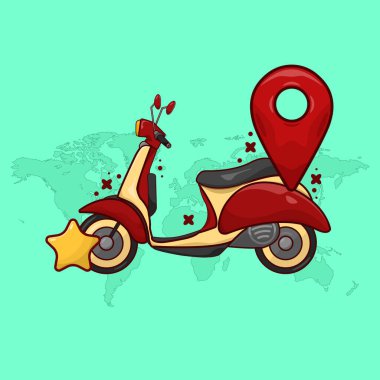 Vintage Scooter with Pin Mark and Star Shape Vector Illustration in Cartoon Style. Travel Element Design Concept