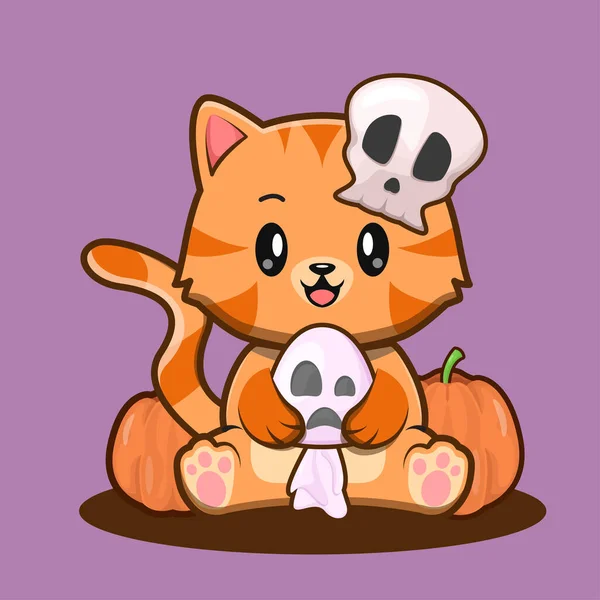Söt Halloween Cat Hold Ghost Doll Och Bär Skull Hat — Stock vektor