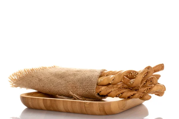 Diverse Heerlijke Grissini Brood Sticks Met Een Jute Doek Servet — Stockfoto