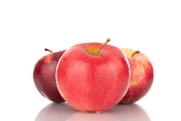 Tres Manzanas Rojas Maduras Macro Aisladas Sobre Fondo Blanco — Foto de Stock