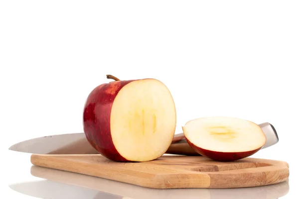 One Juicy Organic Red Apple Sliced Piece Metal Knife Wooden — Stock Photo, Image