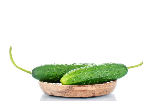 Two Ripe Green Cucumbers Wooden Saucer Macro Isolated White Background — Stock Photo, Image