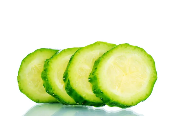 Four Slices Ripe Green Cucumber Macro Isolated White Background — Stock Photo, Image