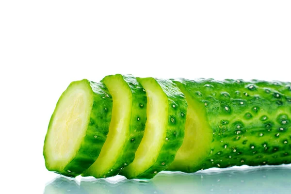 One Ripe Green Cucumber Sliced Macro Isolated White Background — Stock Photo, Image