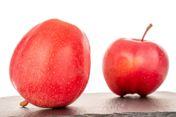 Zwei Reife Rote Äpfel Auf Einem Schieferstein Makro Isoliert Auf — Stockfoto