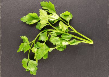 Tahta bir taşın üzerinde bir demet taze yeşil maydanoz, makro, üst manzara..