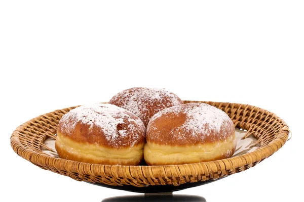 Drie Zoete Donuts Gevuld Met Jam Een Keramische Schotel Macro — Stockfoto