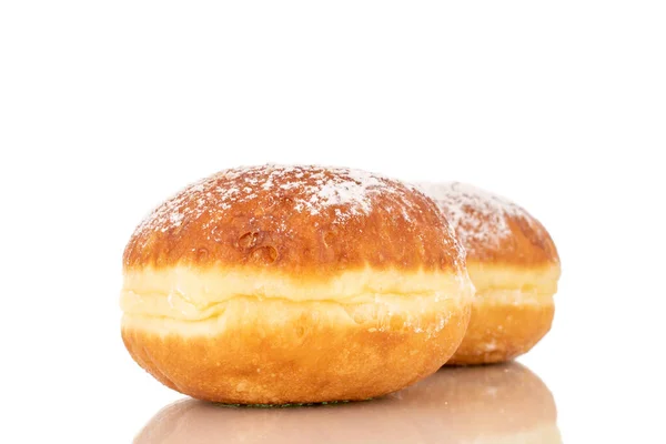 Dois Donuts Doces Recheados Com Geléia Macro Isolados Fundo Branco — Fotografia de Stock