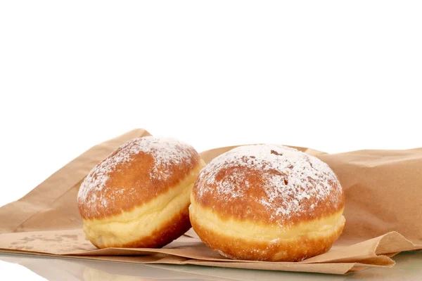 Twee Zoete Donuts Gevuld Met Jam Met Een Papieren Zak — Stockfoto