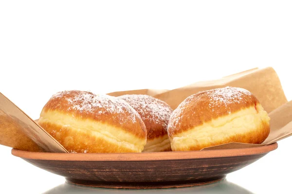 Drie Zoete Donuts Gevuld Met Jam Een Schaal Van Klei — Stockfoto