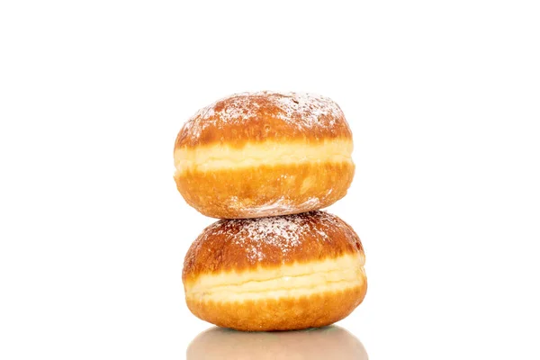 Twee Zoete Donuts Gevuld Met Jam Macro Geïsoleerd Een Witte — Stockfoto