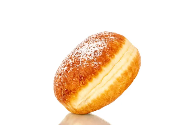 Een Zoete Donut Gevuld Met Jam Close Geïsoleerd Een Witte — Stockfoto