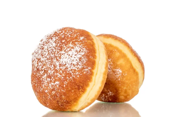 Twee Zoete Donuts Gevuld Met Jam Macro Geïsoleerd Een Witte — Stockfoto