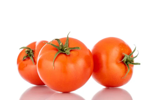 三个红色成熟的西红柿 宏观的 被白色的背景隔开 — 图库照片