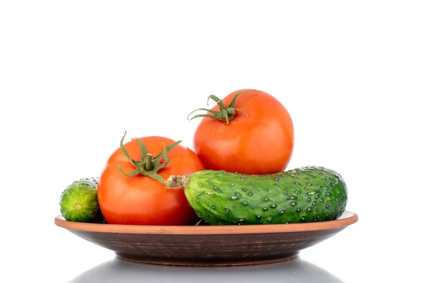 两个成熟的西红柿和两个黄瓜在粘土盘上 宏观上 白色背景隔离 — 图库照片
