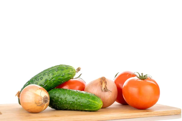 Three Ripe Tomatoes Two Onions Two Cucumbers Wooden Cutting Board — Stock Photo, Image