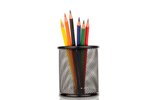 Several Colored Pencils Metal Glass Close Isolated White Background —  Fotos de Stock